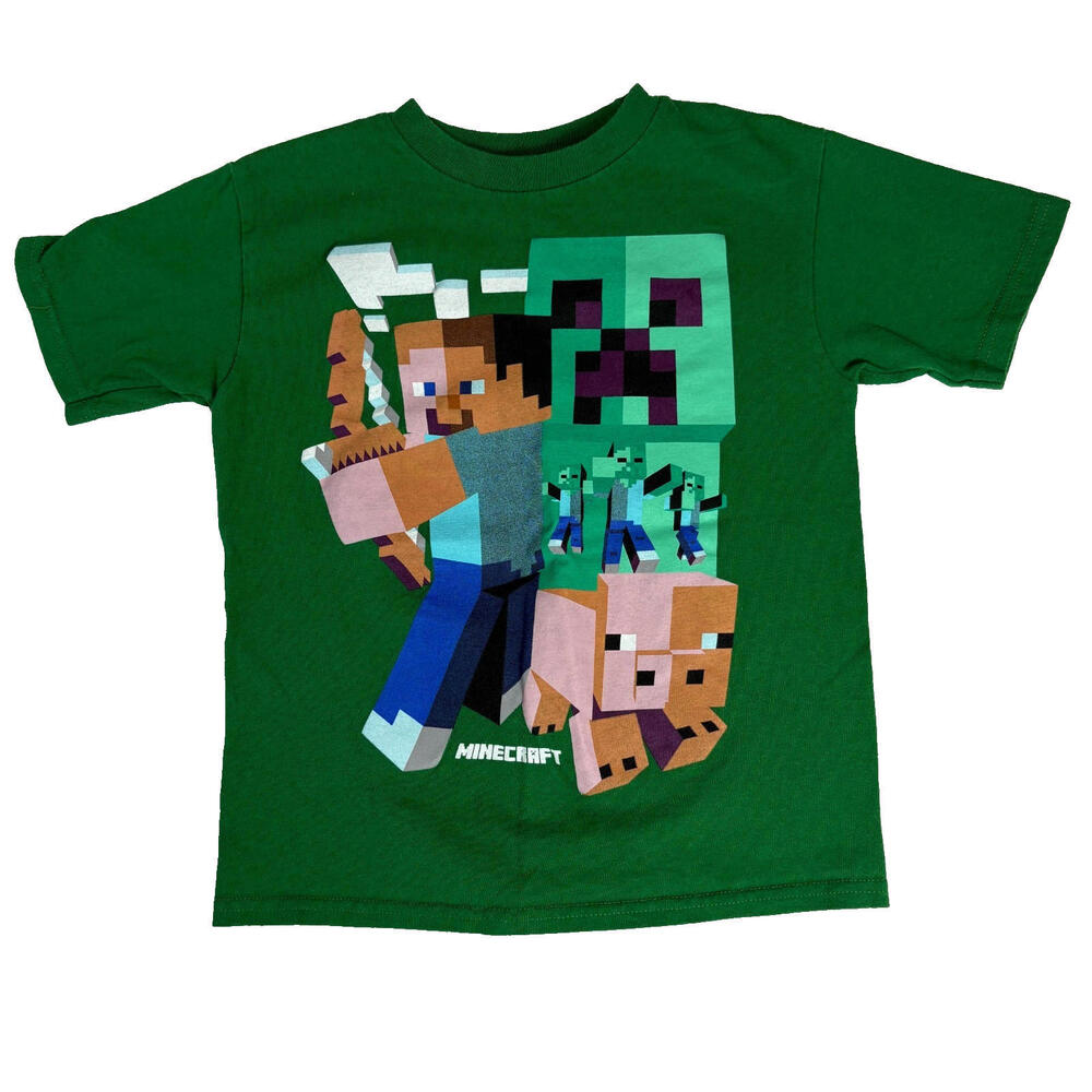 Minecraft T-Shirt Kids Small 6/7 Green Creeper Steve Pig Zombie Graphic Tee